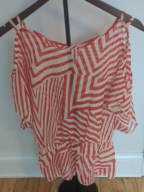 Studio Y Coral & Cream Sheer Striped Peekaboo Shoulder Top, XS